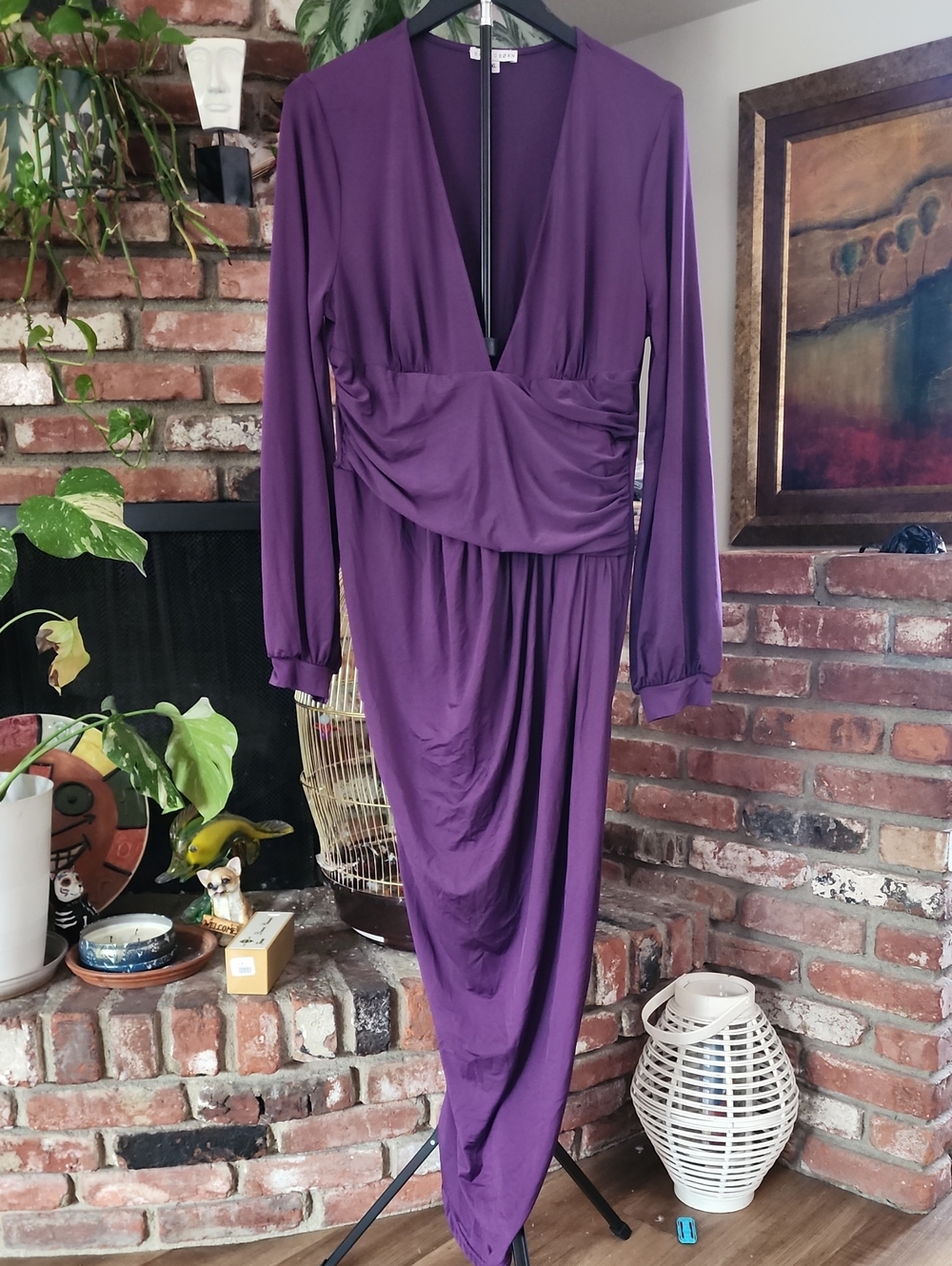 Baltic Born Deep Purple Long Sleeve Draped V-Neck Dress